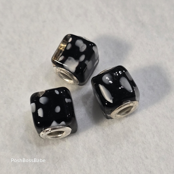 Set of 3 Black & White Polka Dot Murano Glass Square European Beads 925 Sterling - Picture 3 of 7